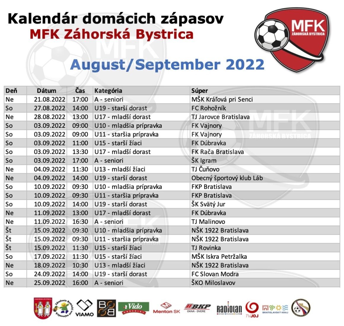 Kalendár domácich zápasov futbalistov MFK Záhorská Bystrica